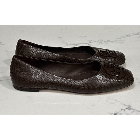 Tory Burch Ballet Flats 10.5 Georgia Square Toe Snakeskin Embossed Leather Brown - Picture 3 of 13